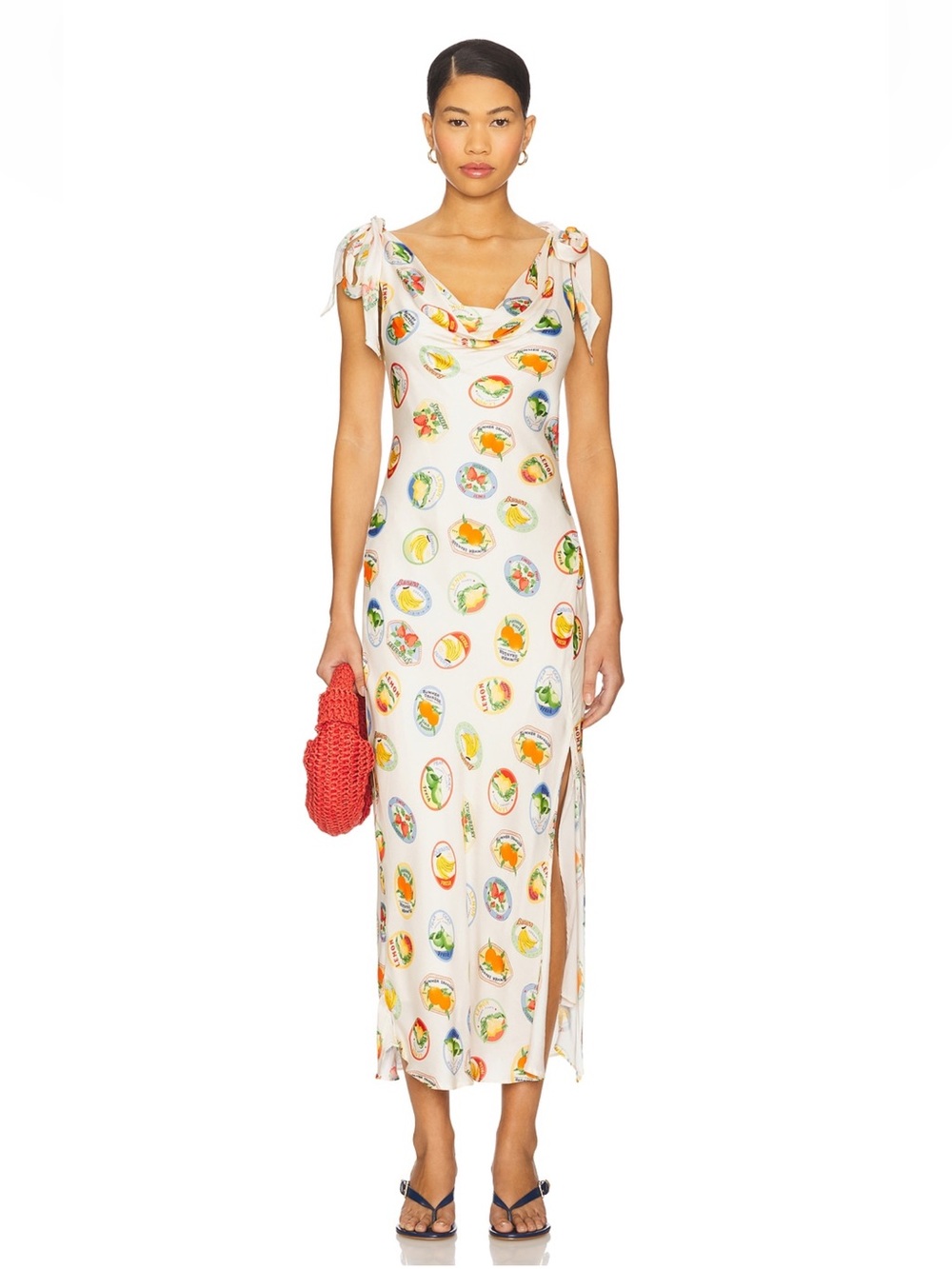ASTR the Label Allexina Satin Midi Dress Ivory & Fruit Cocktail Size Medium NWT - Picture 5 of 16